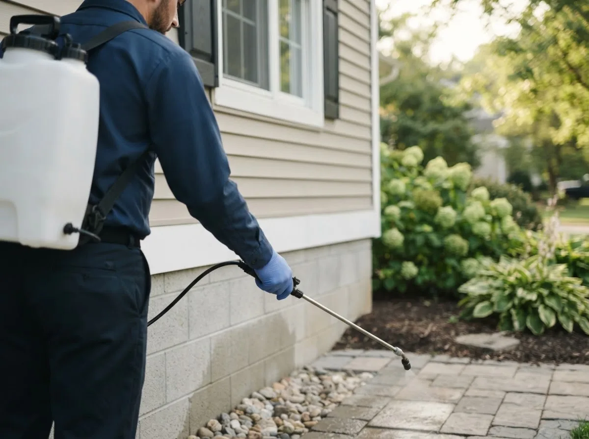 Pest control technician inspecting a home in Babcock, WI